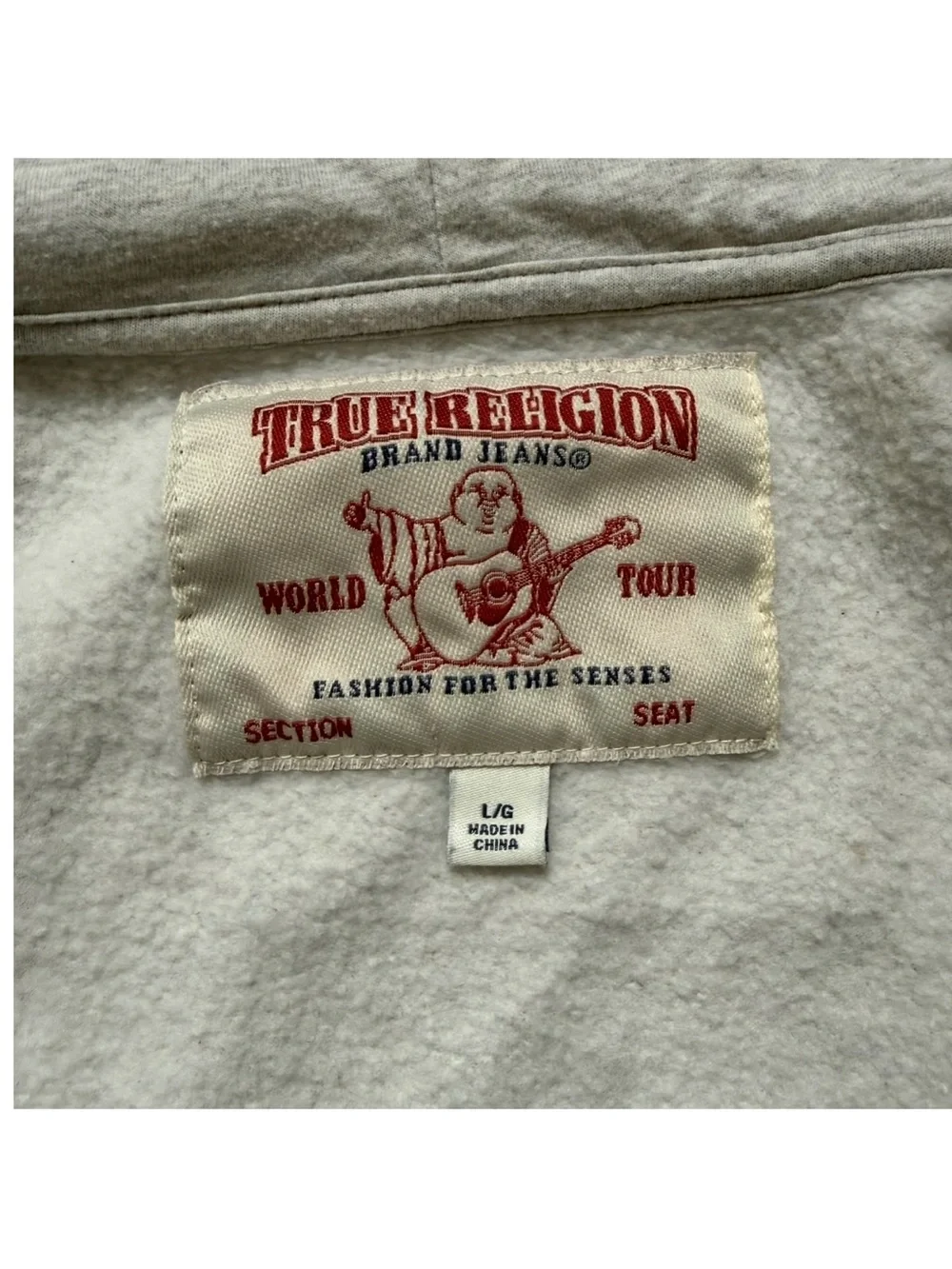 True Religion Buddha Logo Full Zip Up Hoodie Size Large Heather Gray Navy